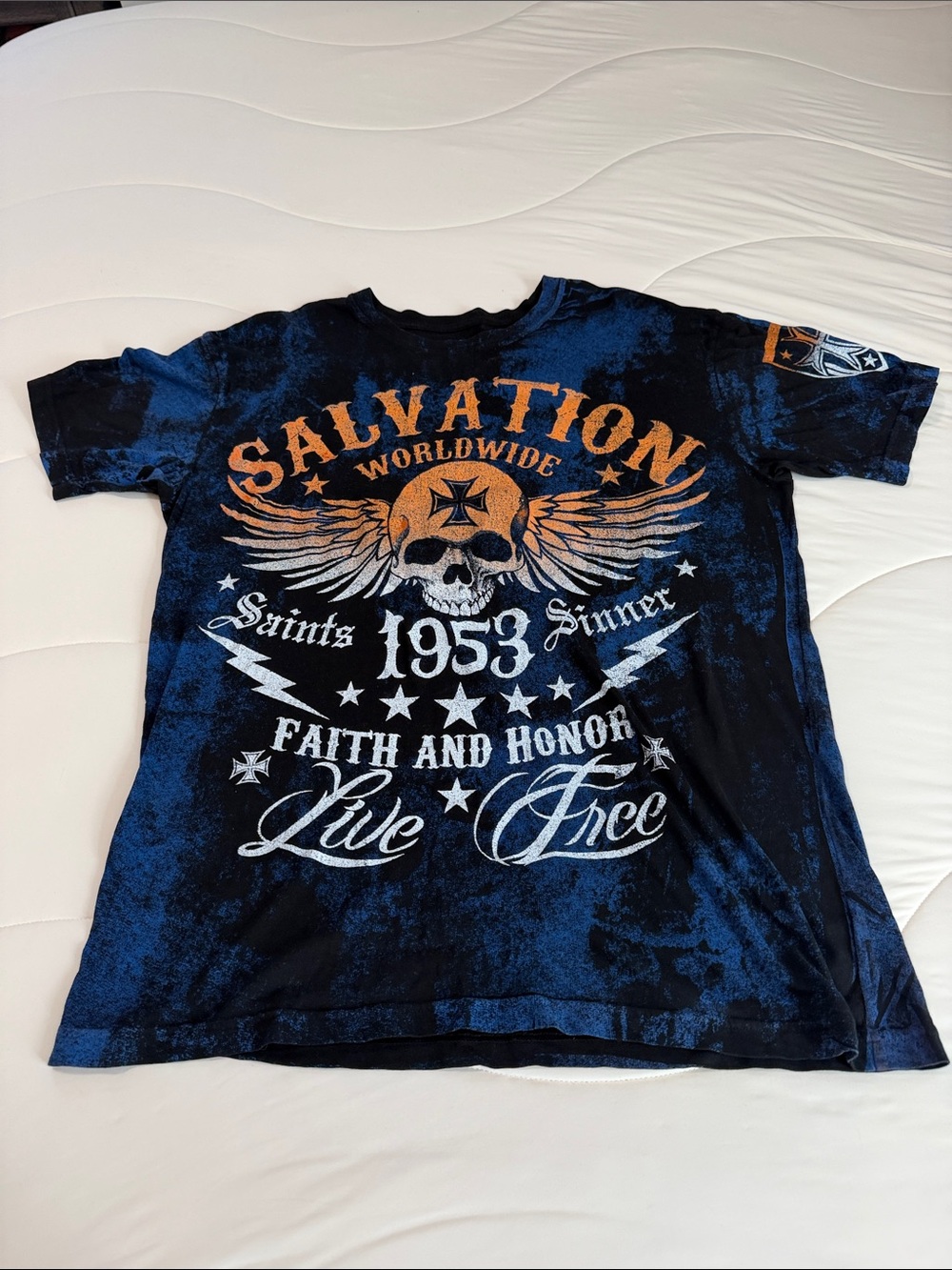 Archaic Blue & Black Salvation Graphic Tee with Orange Skull
